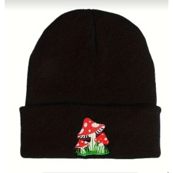 New!  Black Red Lucky Mushroom Beanie Stocking Cap Hat #2 - Picture 1 of 1